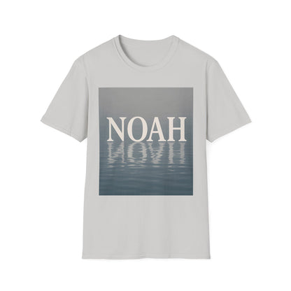 Light gray T-shirt with a square graphic showing the word NOAH over a water-reflection image.