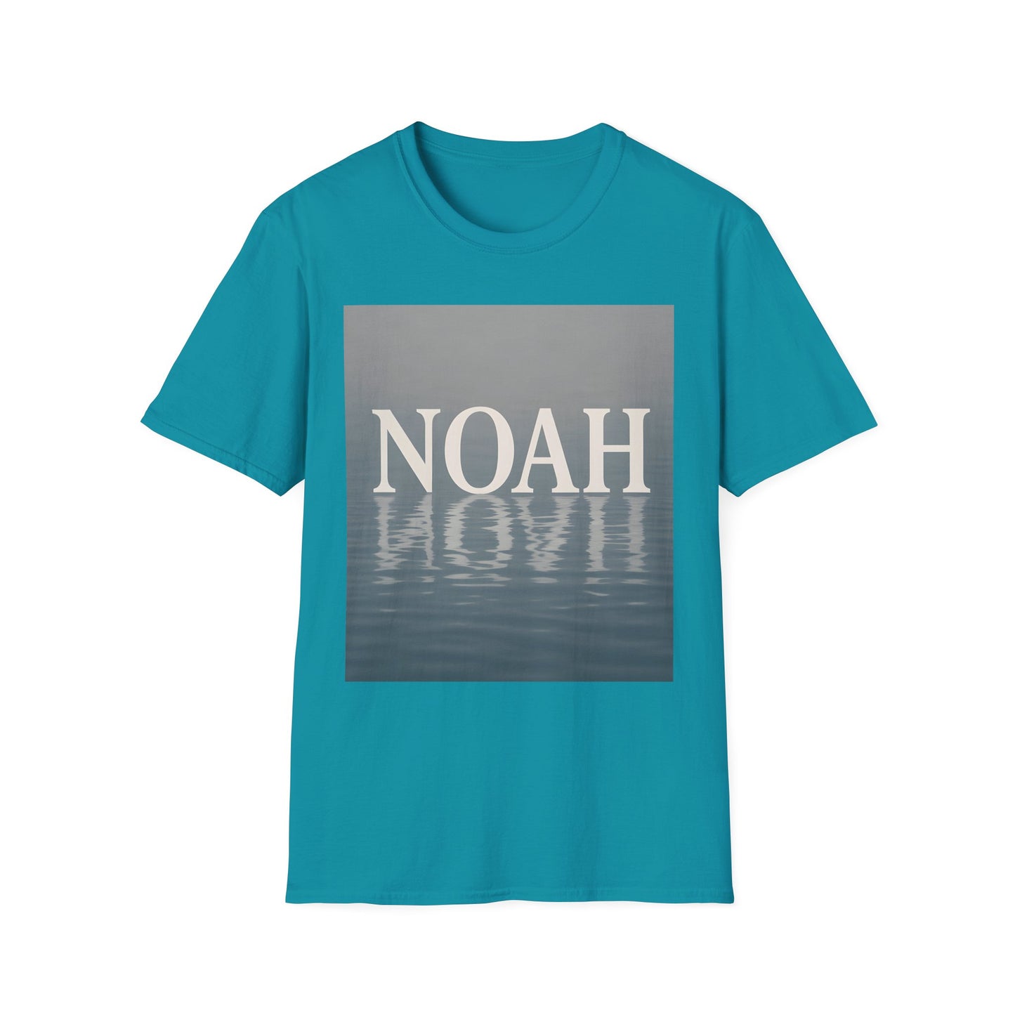Turquoise T-shirt with a gray rectangular graphic showing the word NOAH above a water reflection.