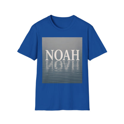 Blue T-shirt with a gray rectangle graphic showing the word NOAH in white and a water-reflection image below.