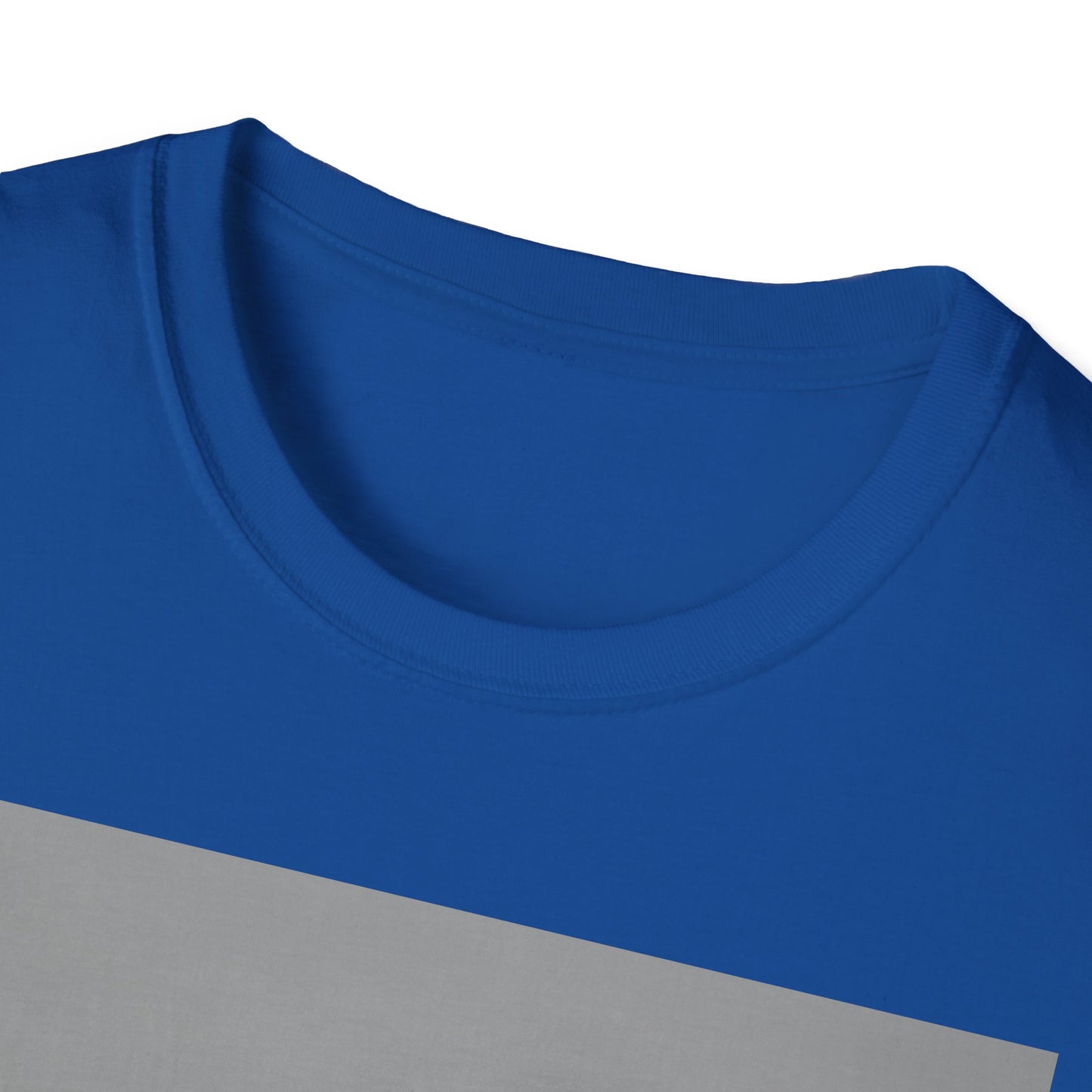 Close-up of a royal blue crewneck T-shirt featuring a light gray diagonal stripe across the chest.