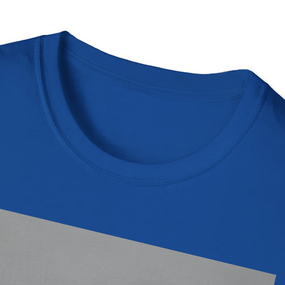 Close-up of a royal blue crewneck T-shirt featuring a light gray diagonal stripe across the chest.
