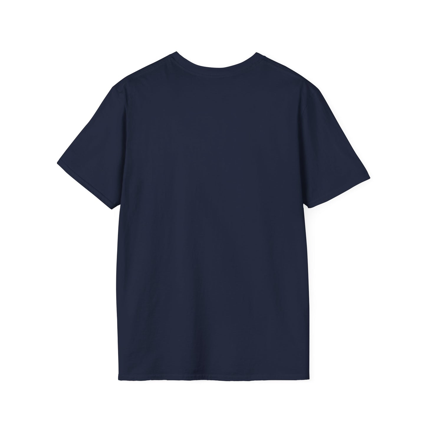 Back view of a plain navy blue short-sleeve T-shirt laid flat.