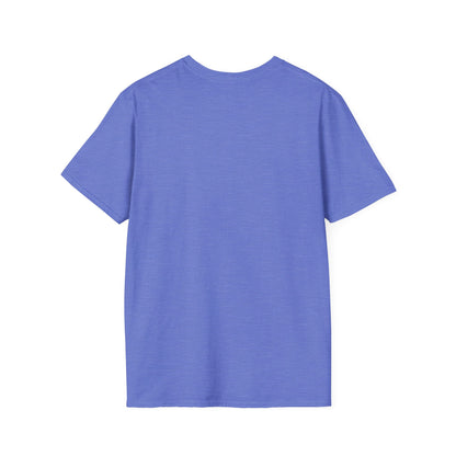 Blue short-sleeve T-shirt laid flat, shown from the back.