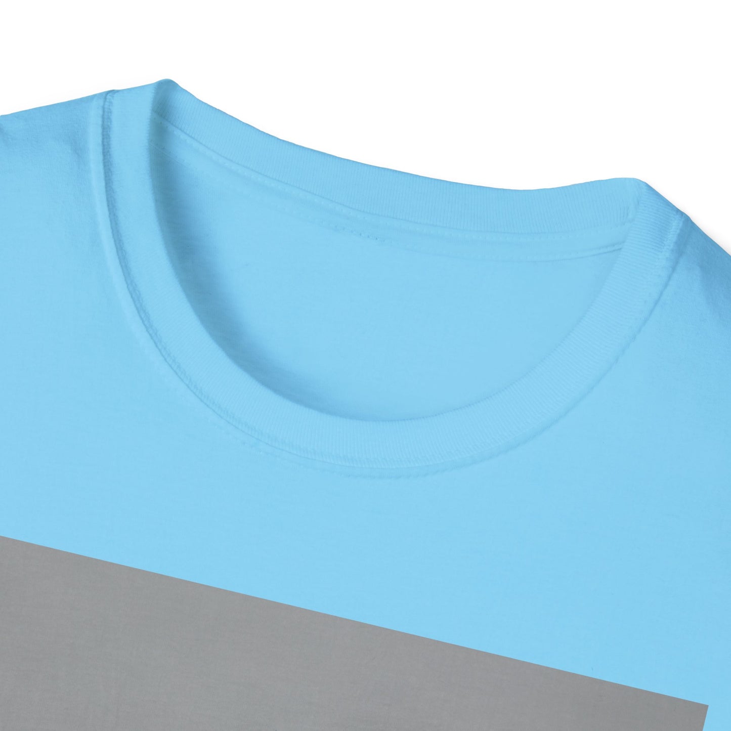 Close-up of a light blue T-shirt with a diagonal gray stripe across the chest area.