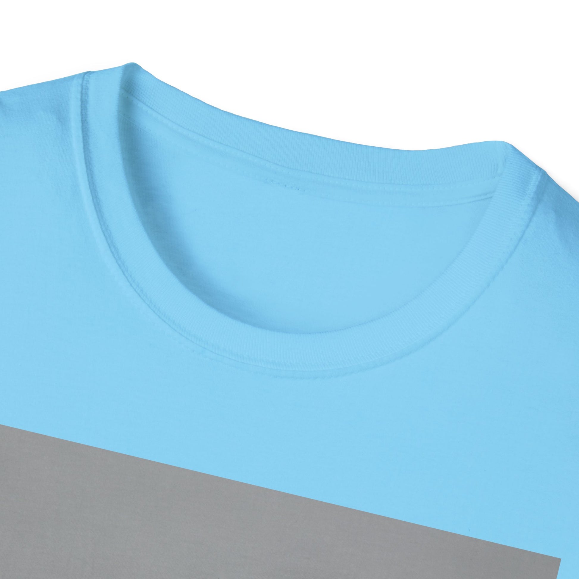 Close-up of a light blue T-shirt with a diagonal gray stripe across the chest area.