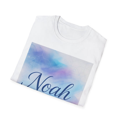 White crew-neck T-shirt folded flat with a pastel blue–pink gradient graphic and the word “Noah” in dark blue cursive.