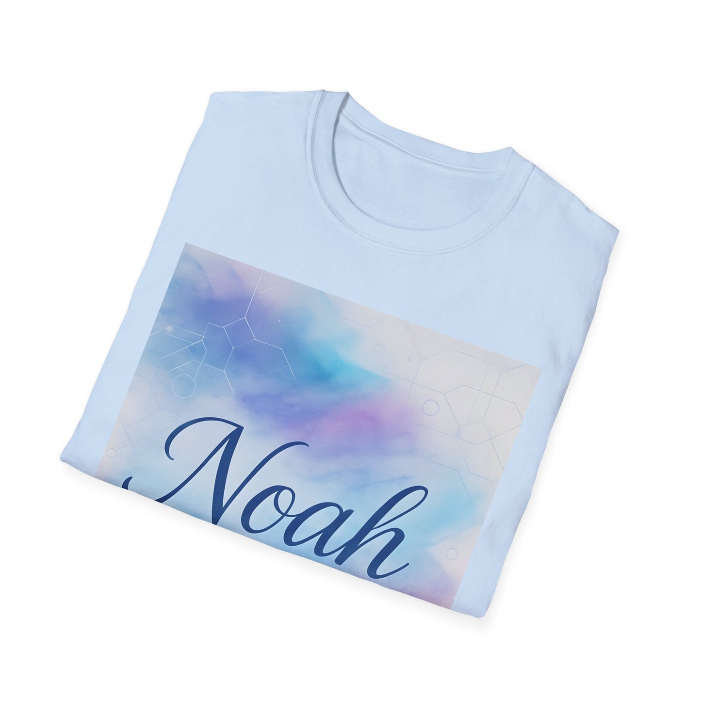 Light blue T-shirt with a rectangular pastel gradient graphic in blue/purple tones and the name Noah in cursive.