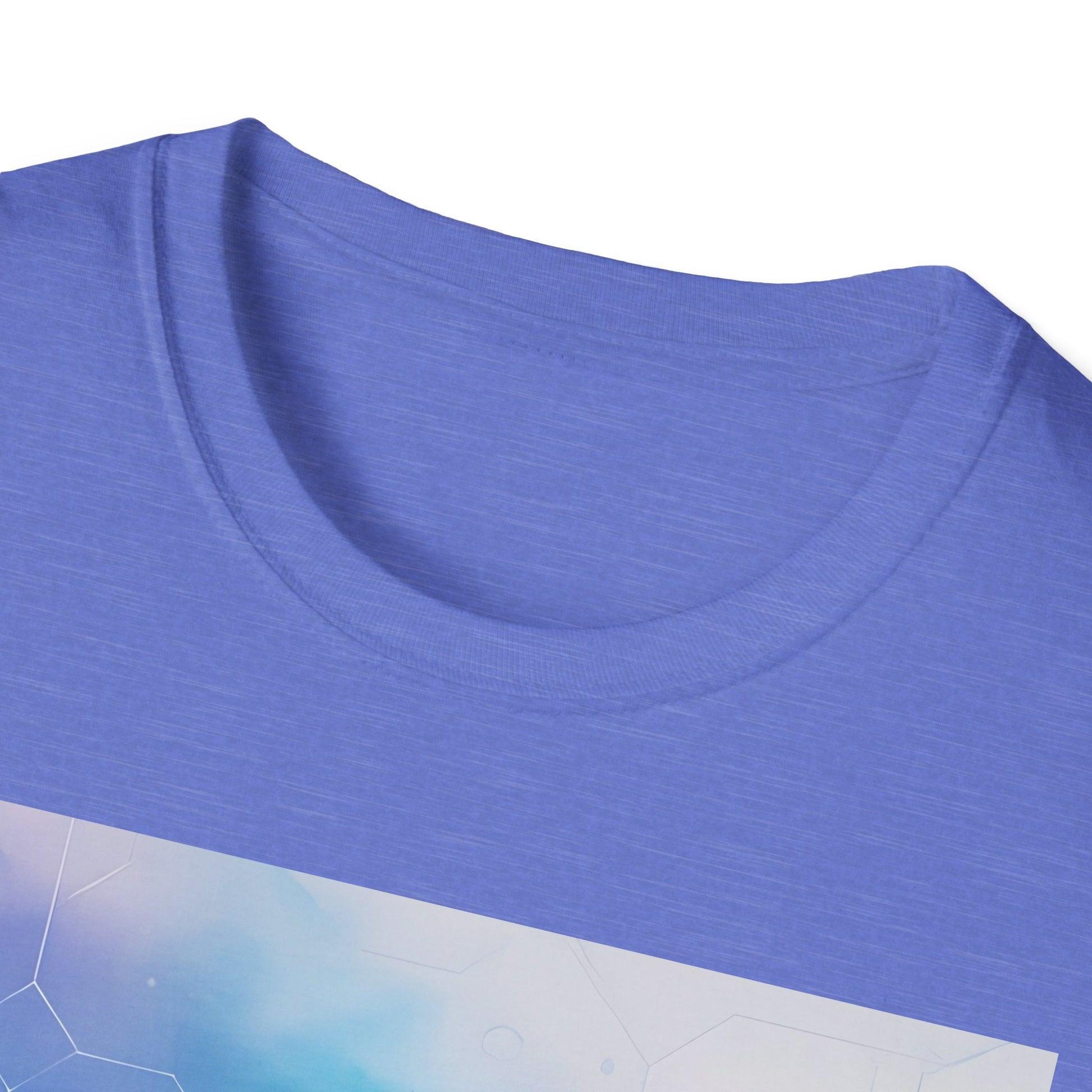 Close-up of a blue short-sleeve T-shirt neckline, showing a round crew neck and subtle knit fabric texture.