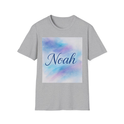 Gray T-shirt featuring a square graphic with pastel blue and purple watercolor, geometric pattern, and the name Noah in dark blue cursive.