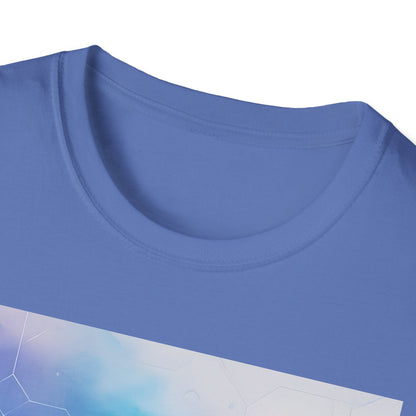 Close-up of a light blue crew-neck T-shirt showing the ribbed collar and smooth fabric.