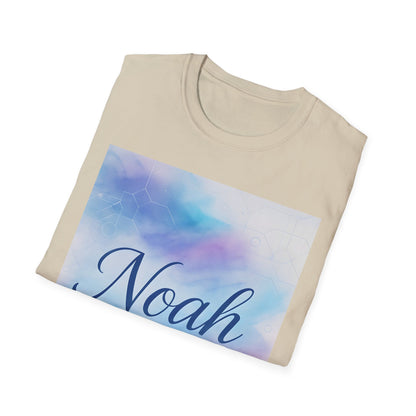 Beige crewneck T-shirt folded with a pastel blue–purple graphic rectangle featuring the name Noah in navy script.
