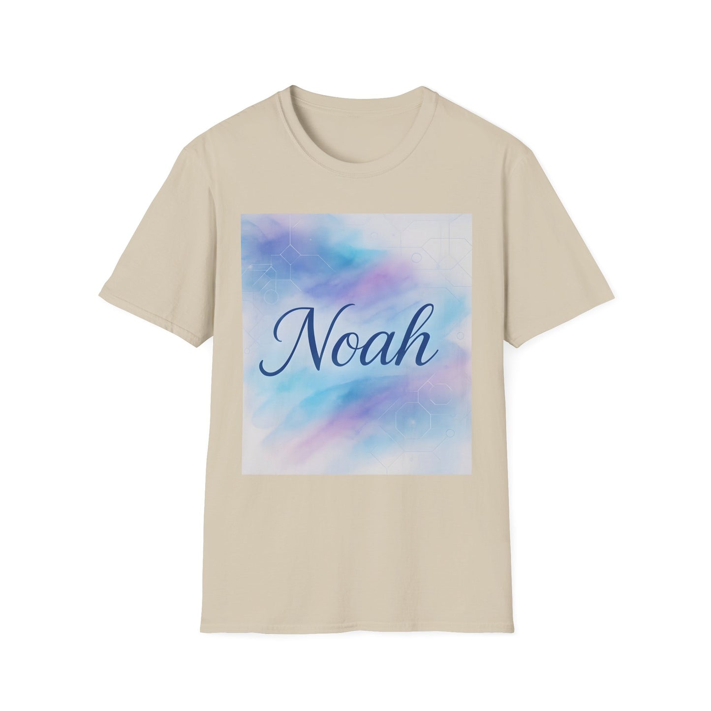 Beige short-sleeve T-shirt with a square pastel blue-pink graphic showing the word Noah in blue cursive.