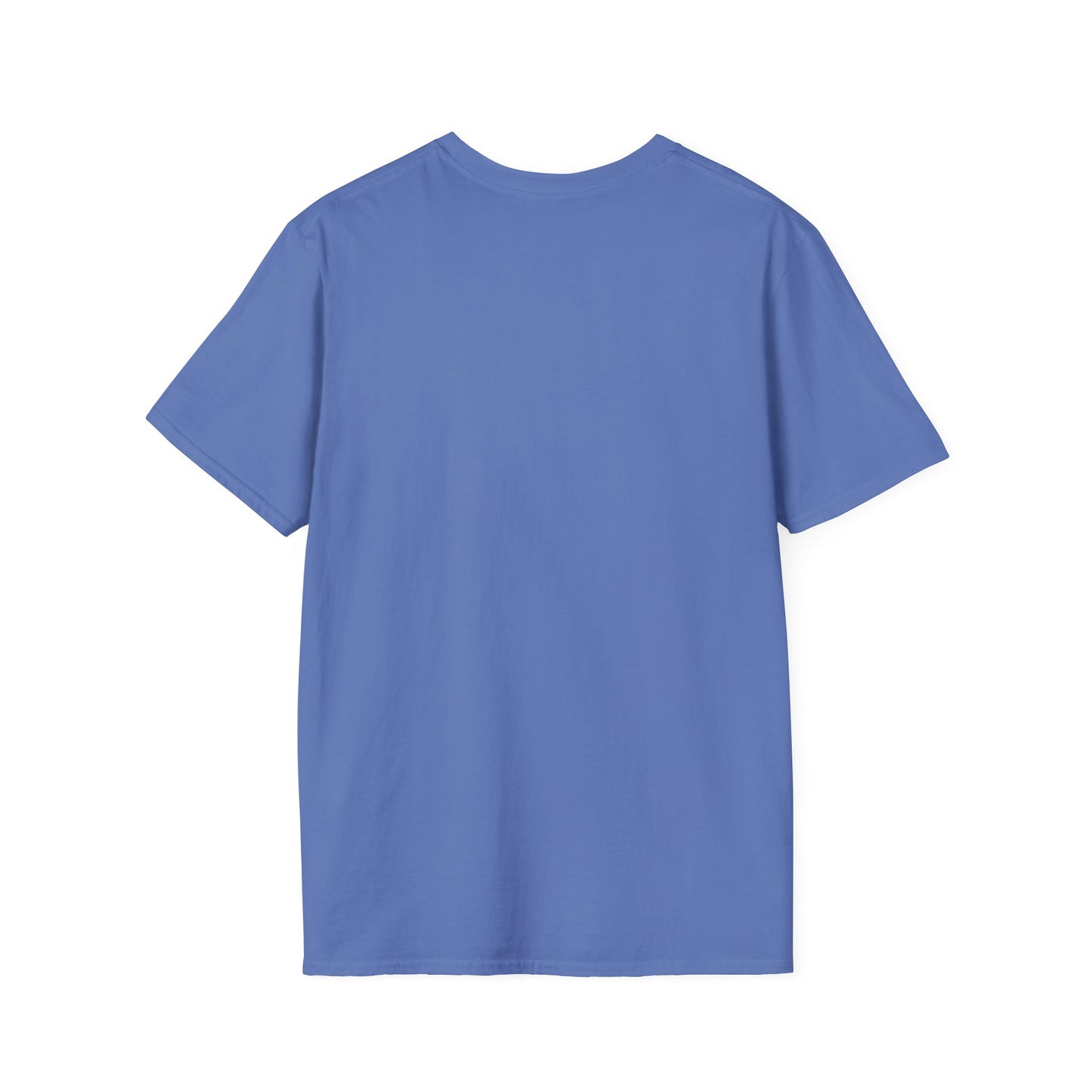 Back view of a light blue short-sleeve T-shirt laid flat, plain smooth fabric with a round neckline.