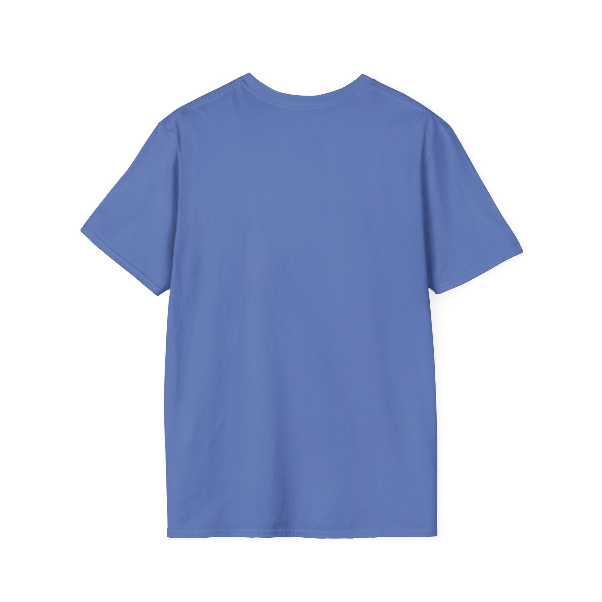 Back view of a light blue short-sleeve T-shirt laid flat, plain smooth fabric with a round neckline.