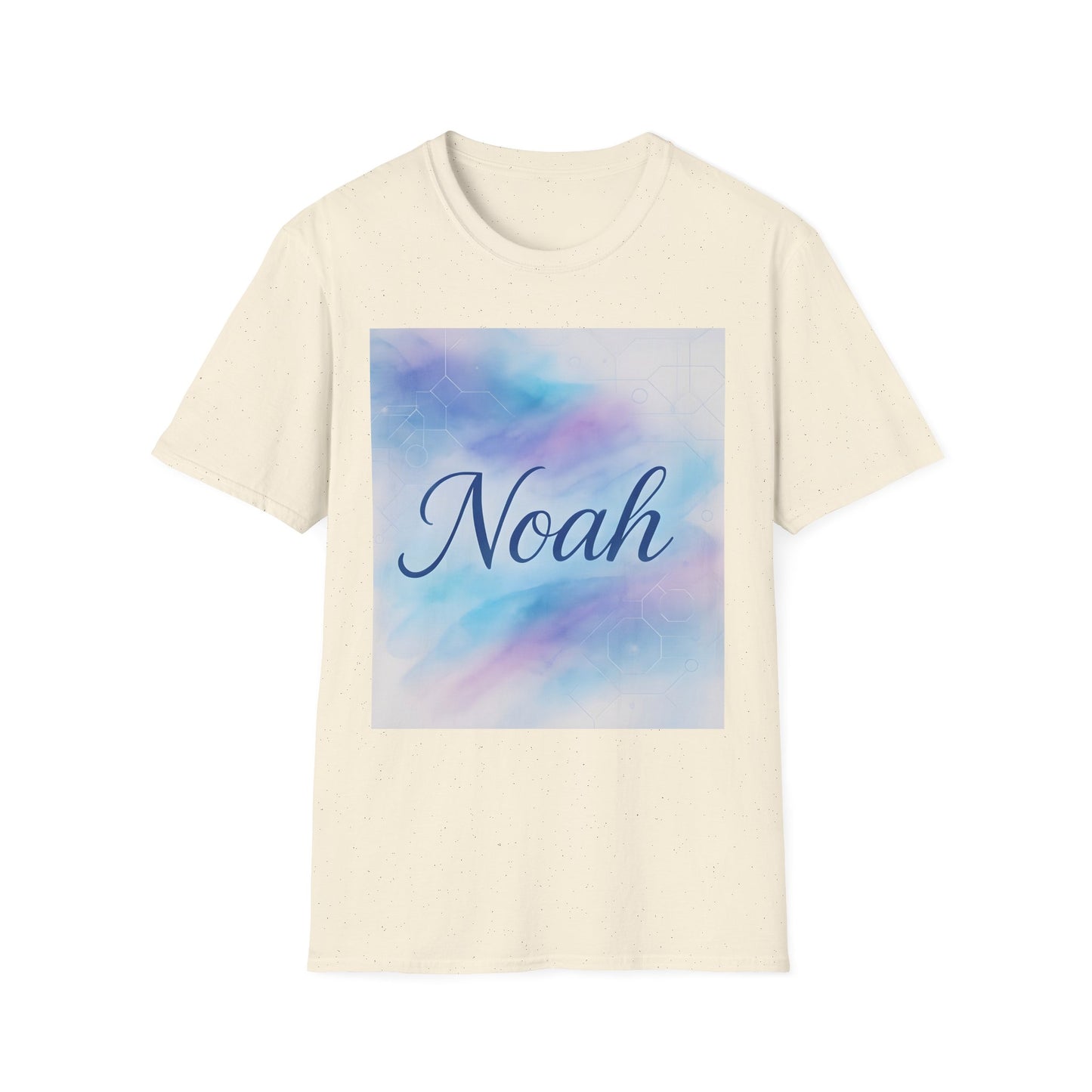 Beige speckled short-sleeve T-shirt with a square pastel blue–pink gradient graphic displaying the name “Noah” in cursive.