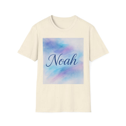 Beige speckled short-sleeve T-shirt with a square pastel blue–pink gradient graphic displaying the name “Noah” in cursive.
