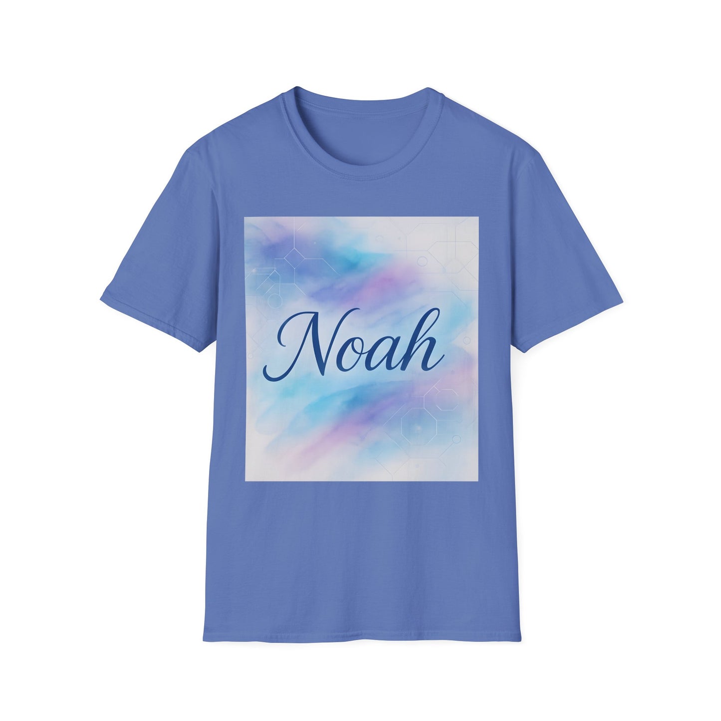Blue short-sleeve T-shirt with a square pastel watercolor graphic featuring the name Noah in cursive.