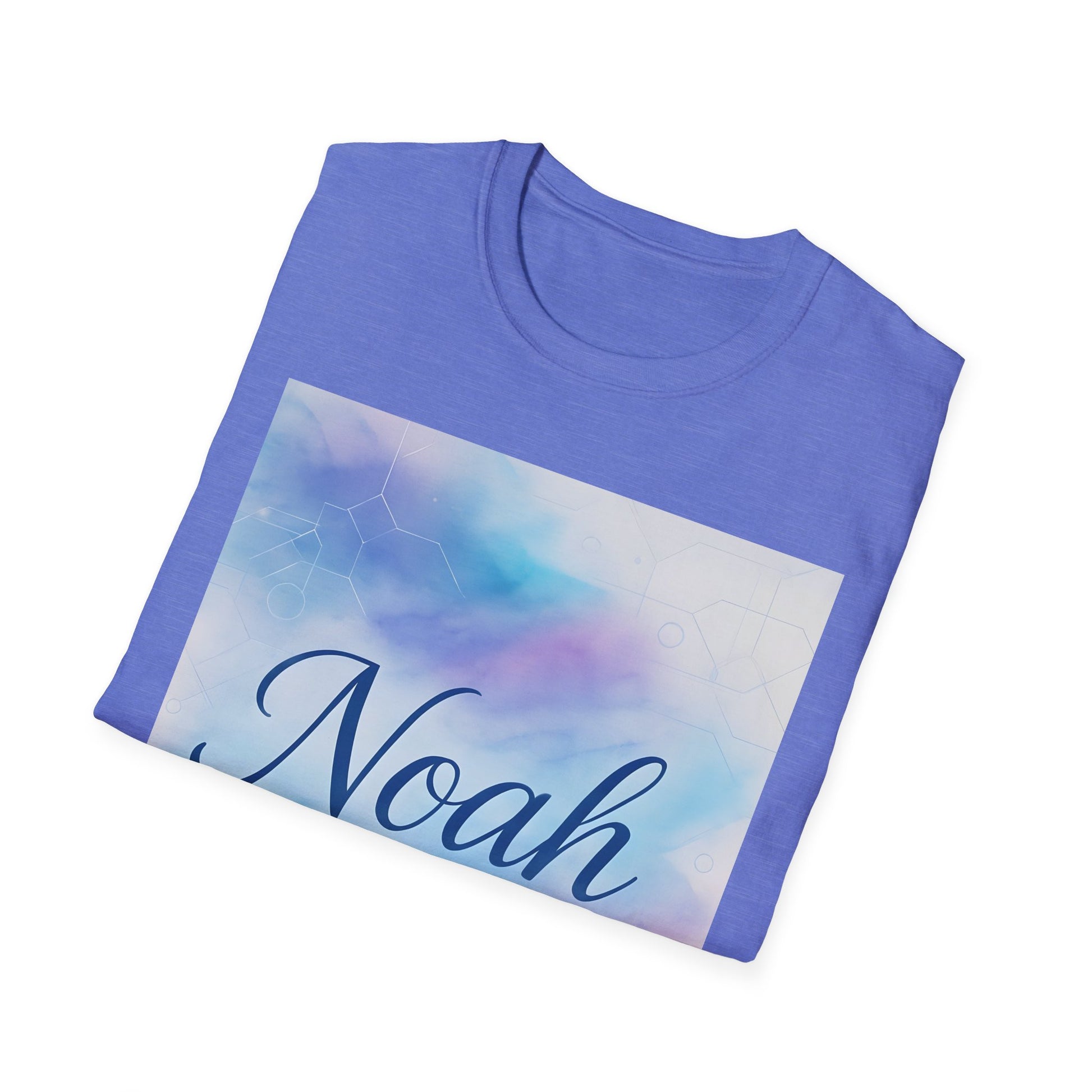 Light purple-blue tee with a rectangular pastel cloud graphic and the name Noah in cursive.