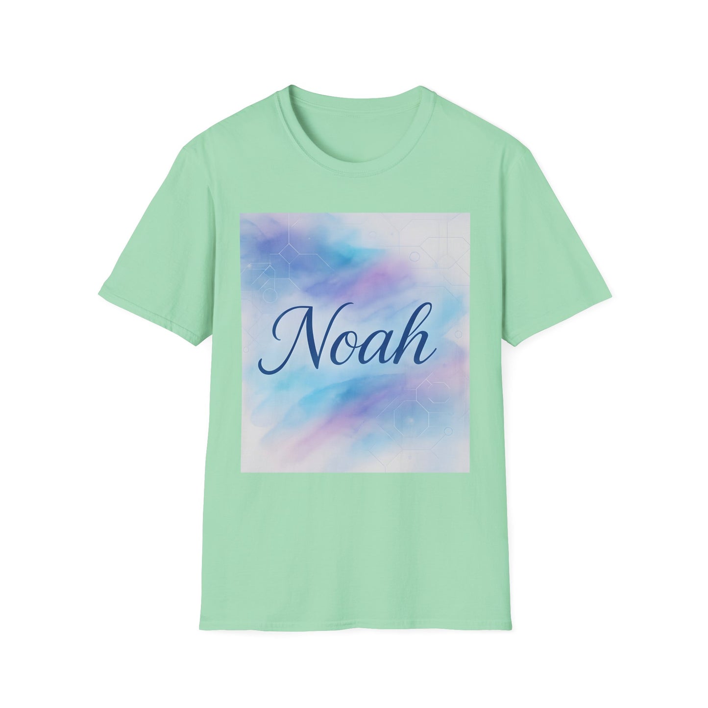 Mint green short-sleeve T-shirt with a pastel watercolor square graphic and the name Noah in blue cursive.