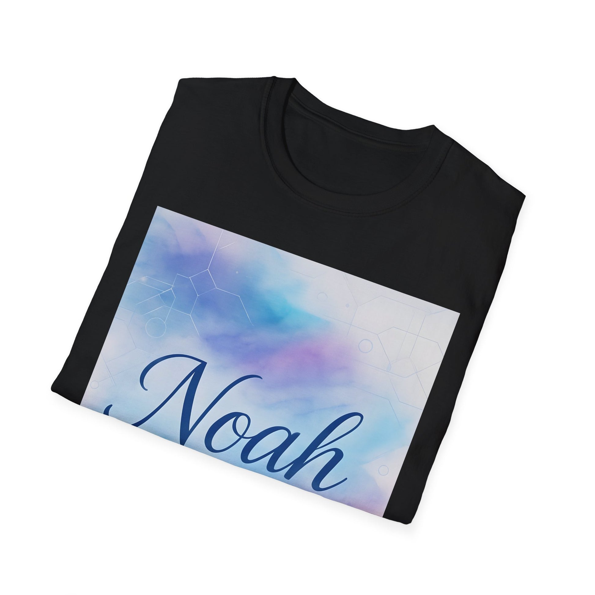 Black short-sleeve t-shirt with a rectangular pastel gradient print in blue and pink, featuring the name “Noah” in cursive.