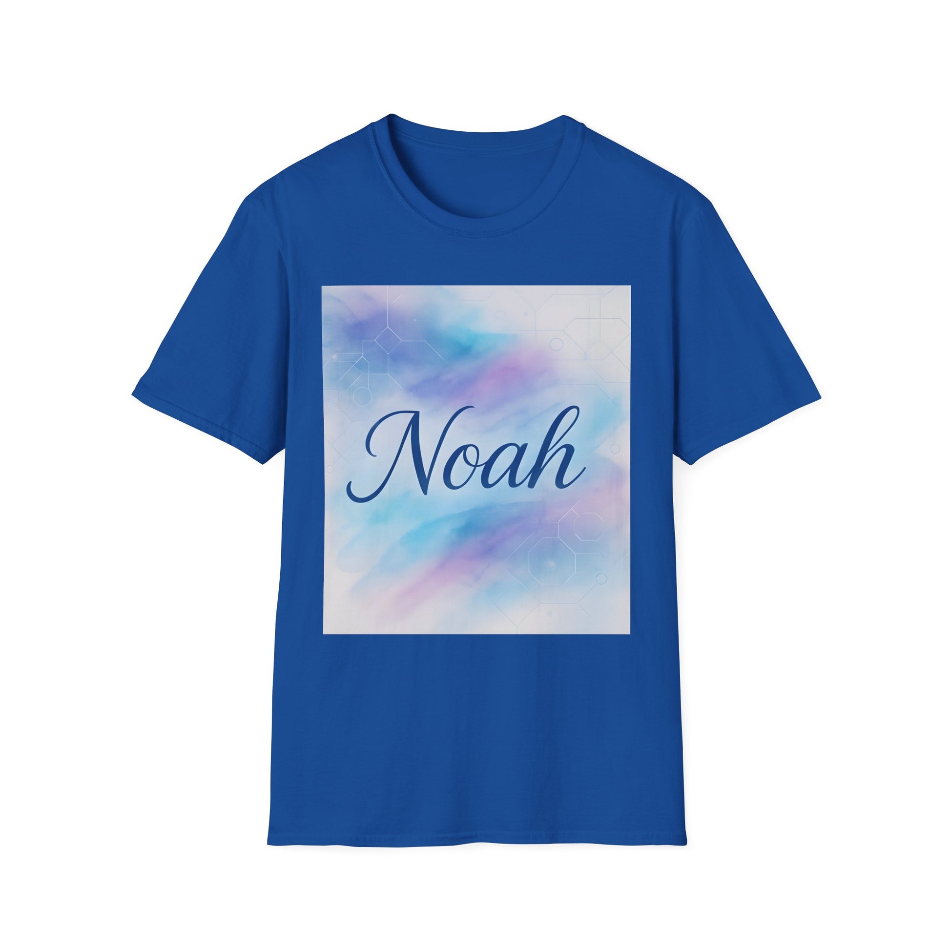 Blue short-sleeve T-shirt with a pastel gradient square graphic featuring the name Noah in cursive.