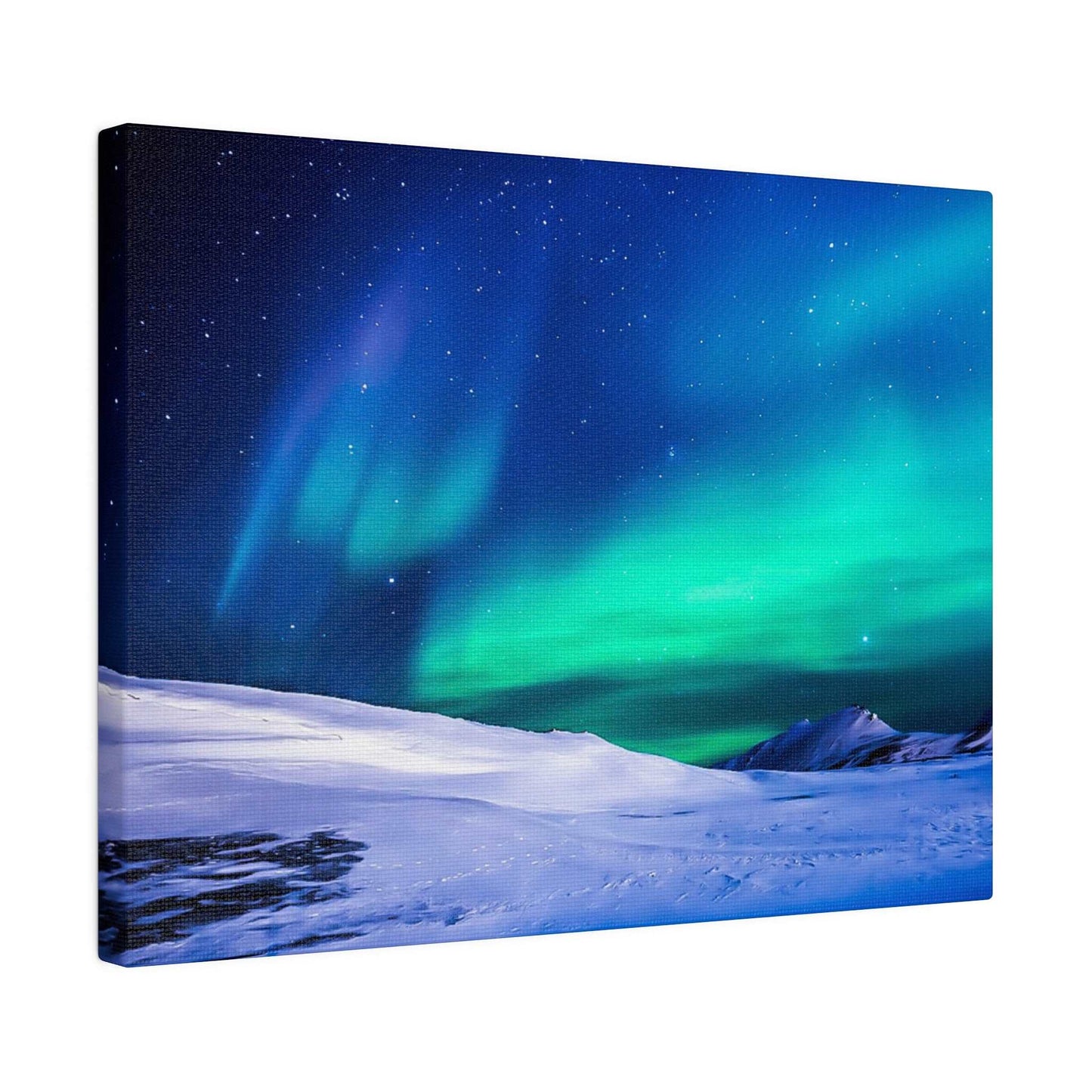 Canvas print of a snowy landscape under a green and blue aurora borealis with stars.