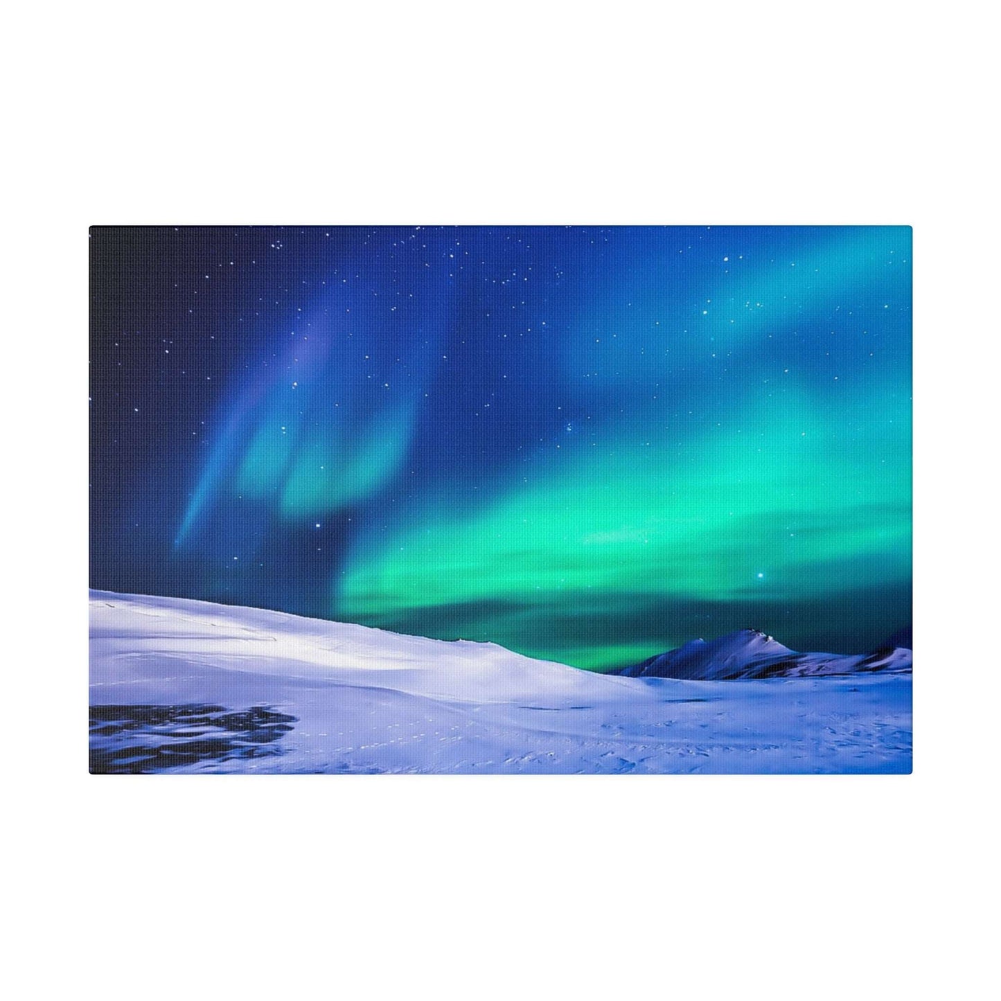 Canvas print depicting the Northern Lights in green and blue hues over a snowy landscape with a starry night sky.