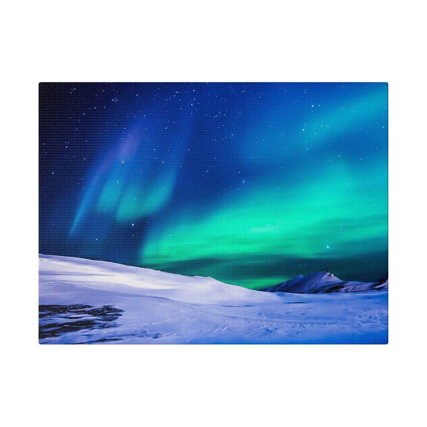 Canvas art showing green and blue aurora borealis across a snowy arctic landscape under a starry night sky.