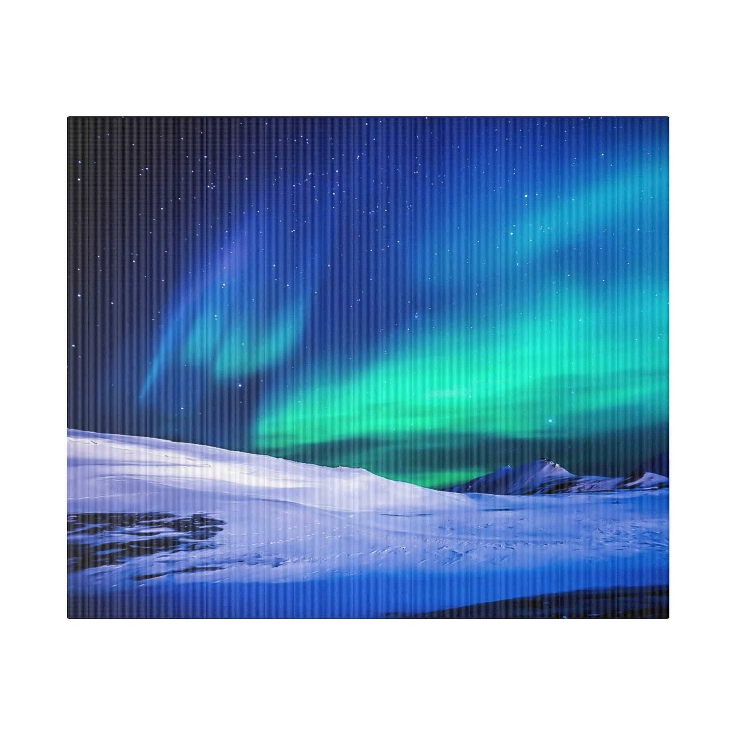 Aurora borealis in green and blue hues across a starry night sky above a snow-covered Arctic landscape.