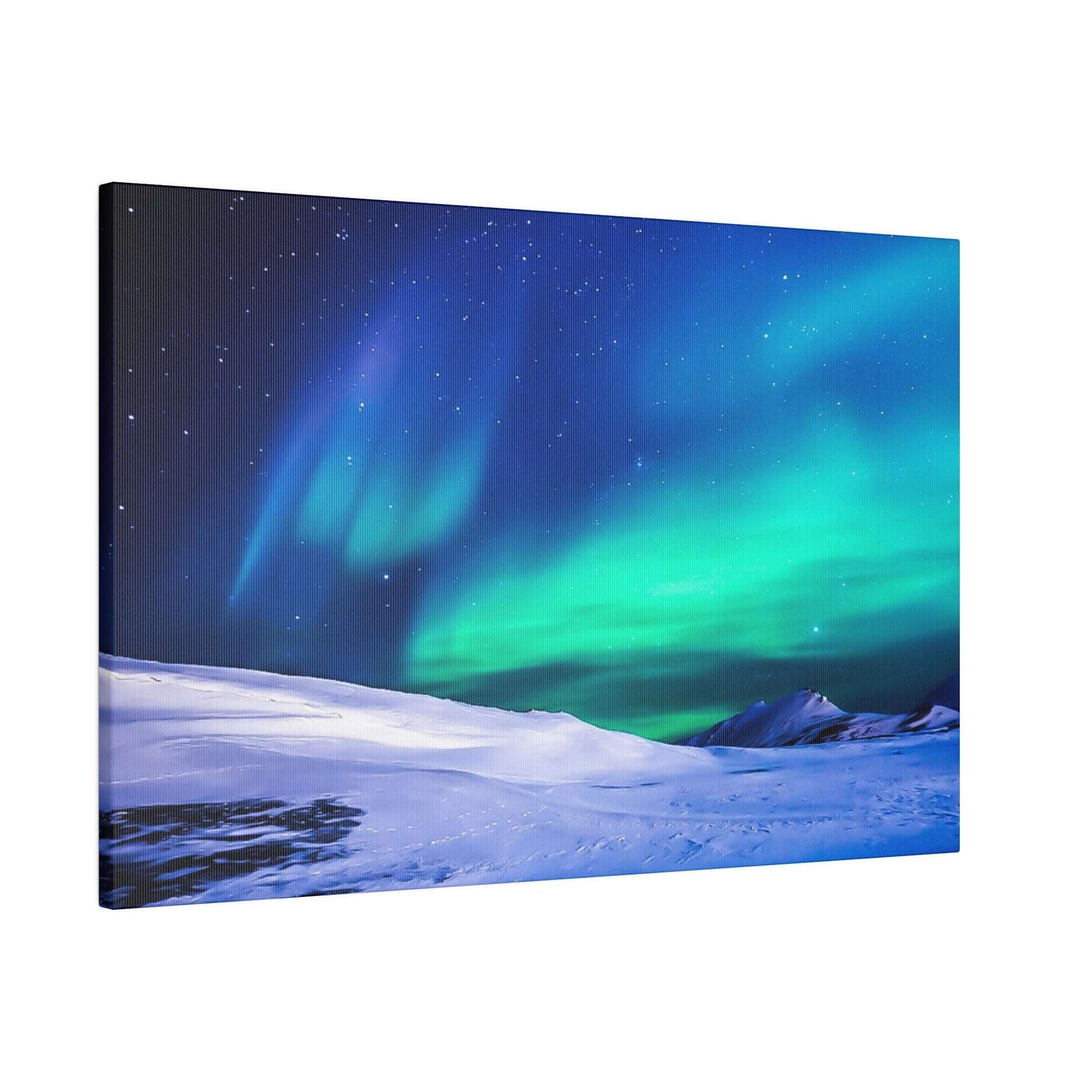 Canvas wall art depicting the northern lights in green and blue over a snowy, mountainous landscape.