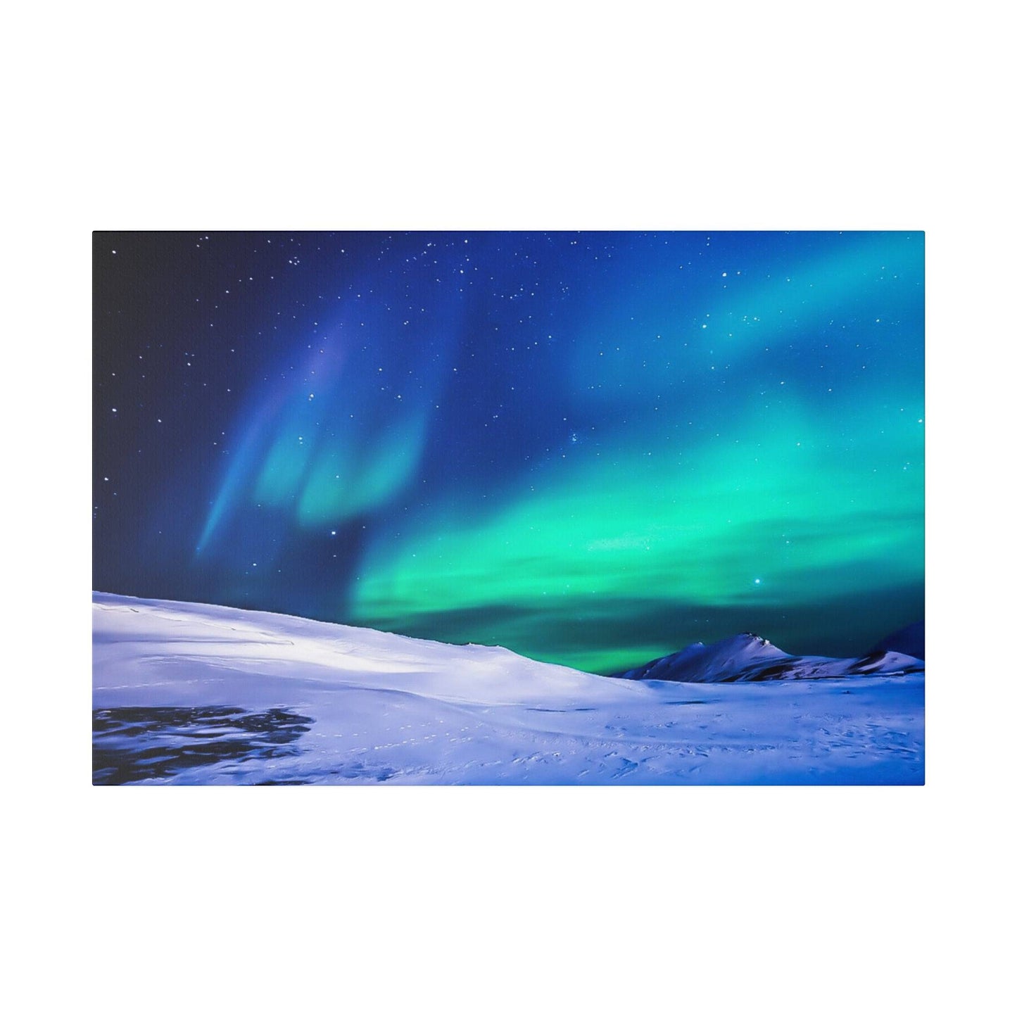 Night view of green and blue aurora borealis over snow-covered hills under a starry sky.