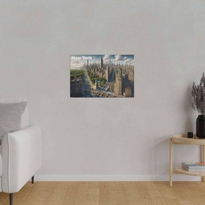 Canvas art print of the New York City skyline with tall buildings on a light gray wall.