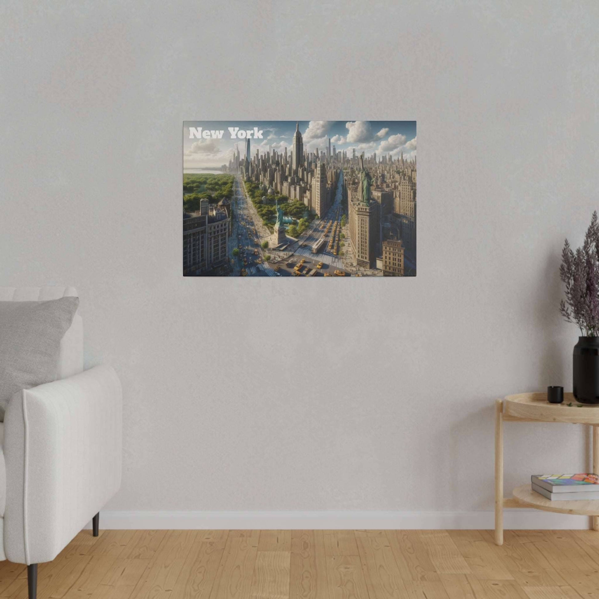 New York City skyline canvas print with tall buildings and a central avenue, hung on a light gray wall.