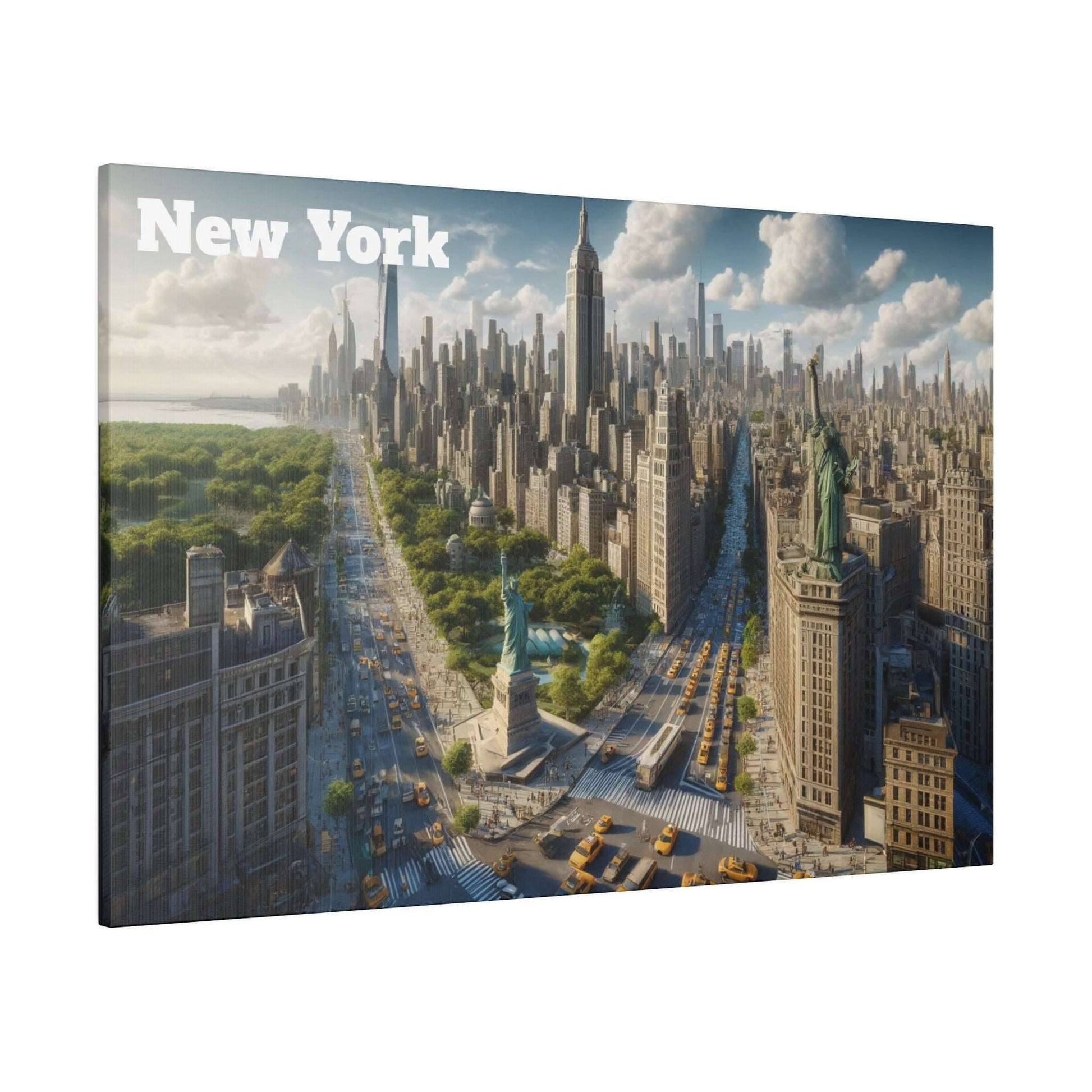 New York City skyline canvas print featuring tall skyscrapers, Central Park greenery, and the Statue of Liberty from an aerial perspective.