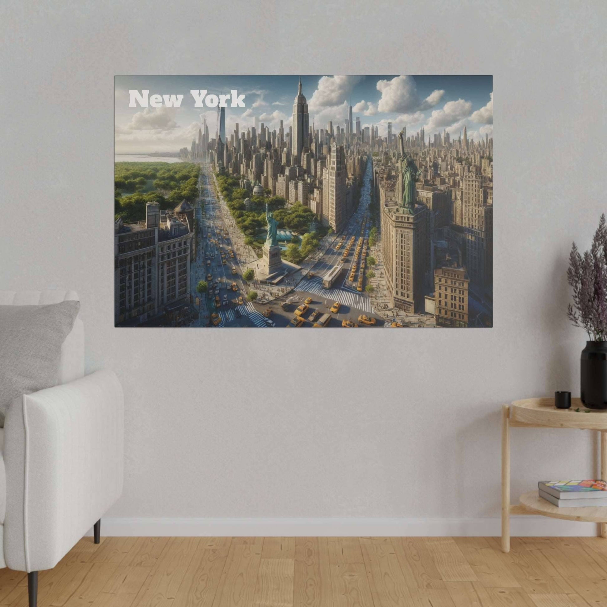 New York City skyline canvas print depicting a dense urban view with Central Park on the left and busy avenues.