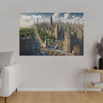 New York City skyline canvas print depicting a dense urban view with Central Park on the left and busy avenues.