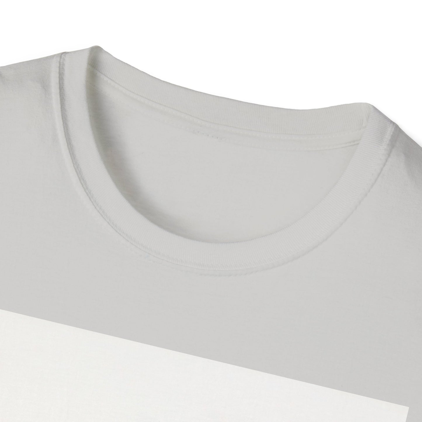 Close-up of a white crew-neck T-shirt neckline with ribbed collar and stitched seam.