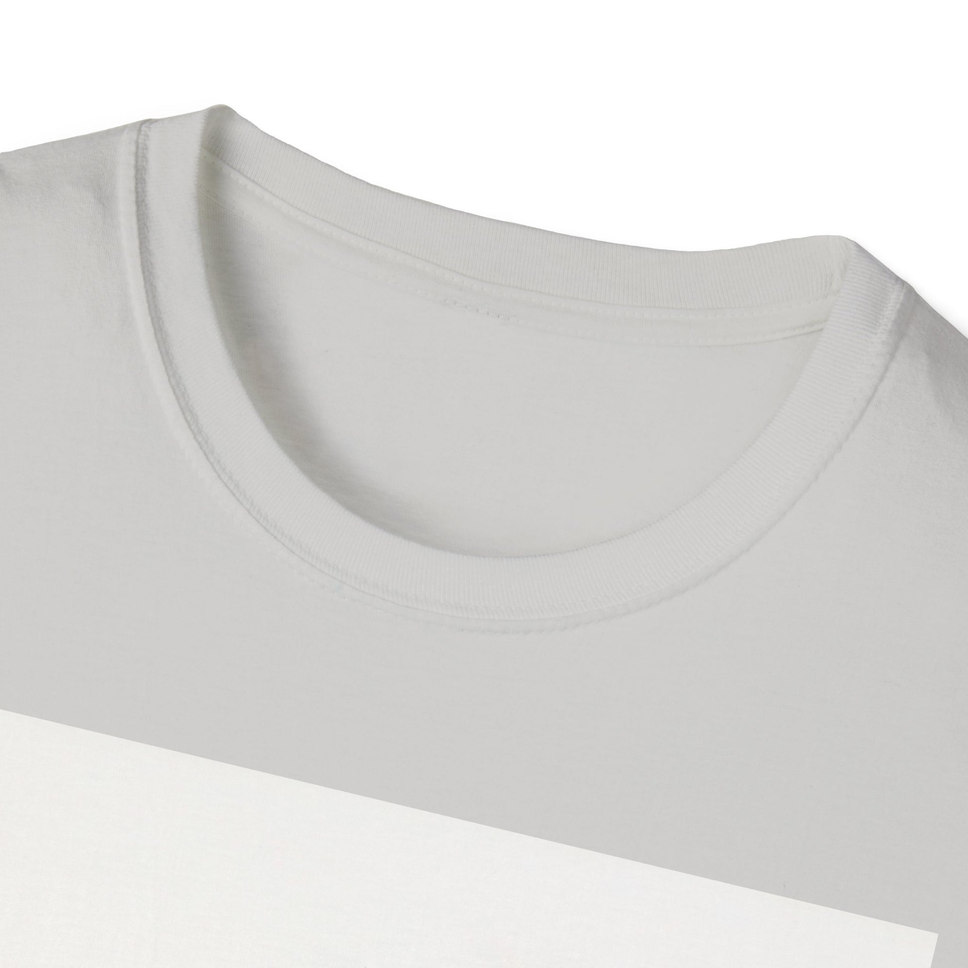 Close-up of a white crew-neck T-shirt neckline with ribbed collar and stitched seam.