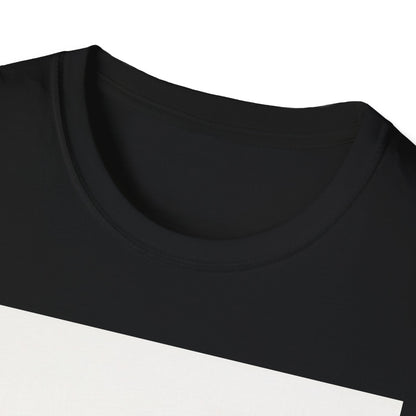 Close-up of a black crew neck T-shirt with a diagonal white panel across the chest.