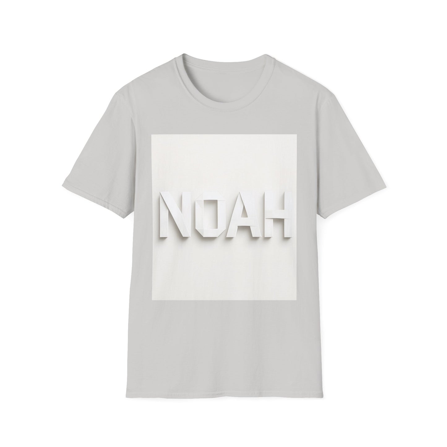 Light gray T-shirt with a white square graphic on the chest, featuring raised white block letters spelling NOAH.