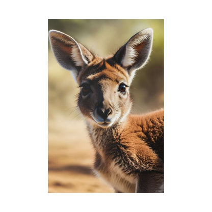 Close-up of a brown kangaroo joey facing the camera, with large ears and soft fur.