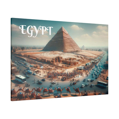 Canvas featuring the Great Pyramid of Giza in a desert setting, with crowds around the base and a busy road of cars and buses.