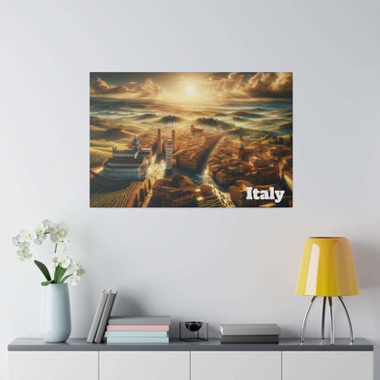 Canvas poster showing a sunlit Tuscan hill town with terracotta buildings, vineyards, and "Italy" in white.