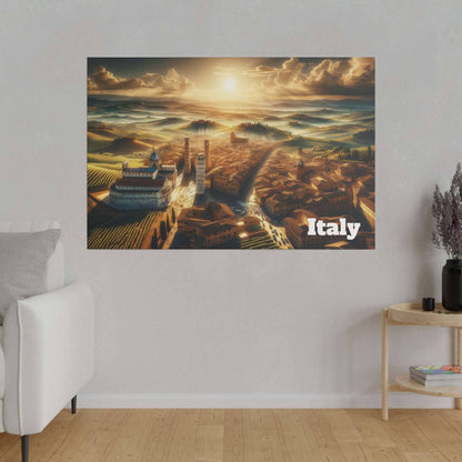Canvas print of an Italian landscape with rolling hills, a river, and a historic city skyline; "Italy" in the bottom-right.