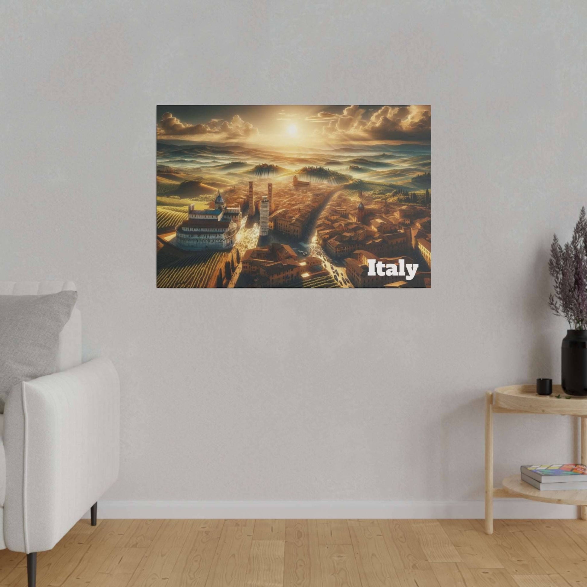 Print of an Italian landscape painting showing a sunlit valley, rolling hills, and a village, with "Italy" text in the bottom right.