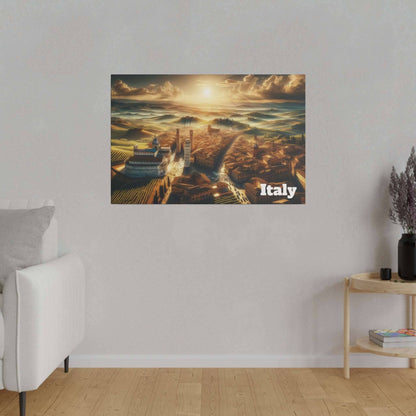 Print of an Italian landscape painting showing a sunlit valley, rolling hills, and a village, with "Italy" text in the bottom right.