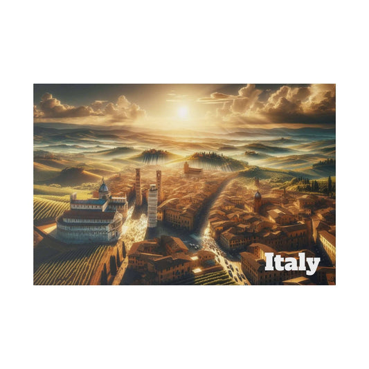 Aerial view of a Tuscan hillside town at sunset, featuring a domed church, tall bell towers, and surrounding vineyards.
