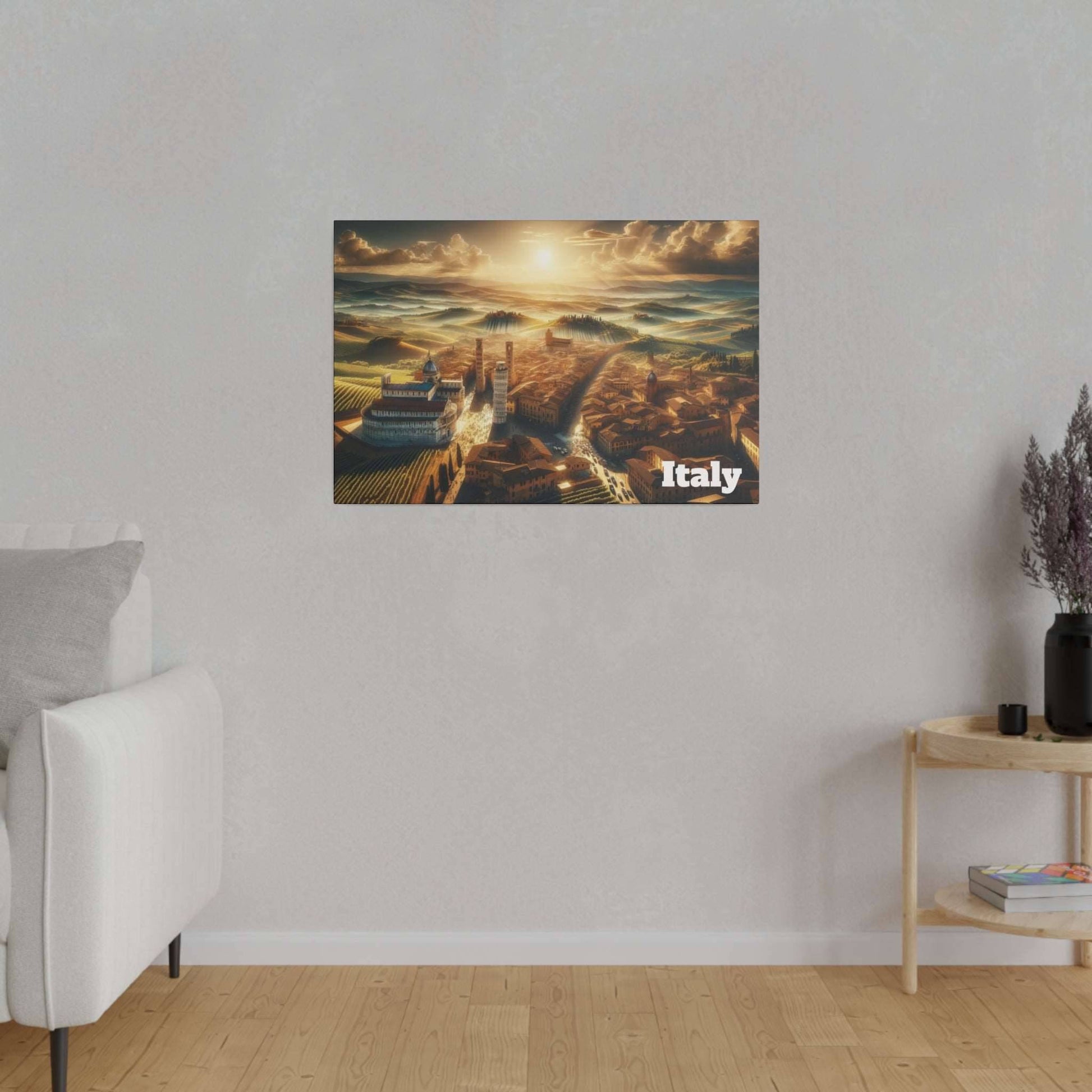 Canvas wall art depicting an Italian landscape with sunlit hills, buildings, and 'Italy' in the bottom right.