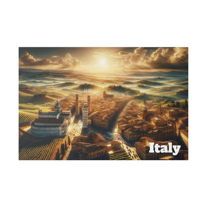 Aerial view of a Tuscan town with the Leaning Tower and surrounding hills at sunset; "Italy" text in bottom-right.