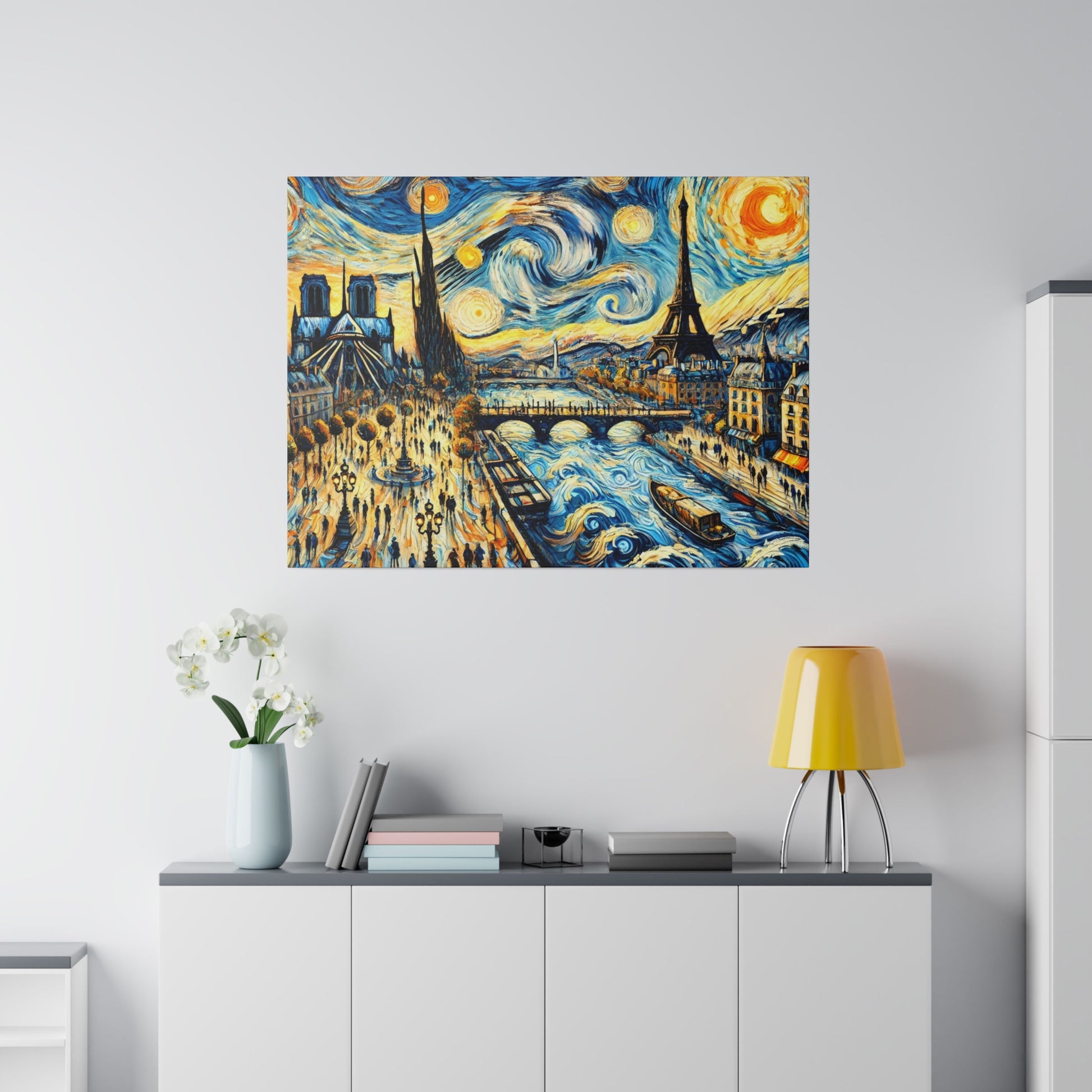 Colorful painting of Paris cityscape with the Seine, bridges, boats, and the Eiffel Tower under a swirling sky.